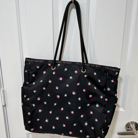 Victoria's Secret Handbags - Victoria's Secret Black Tote with Pink Floral Accents